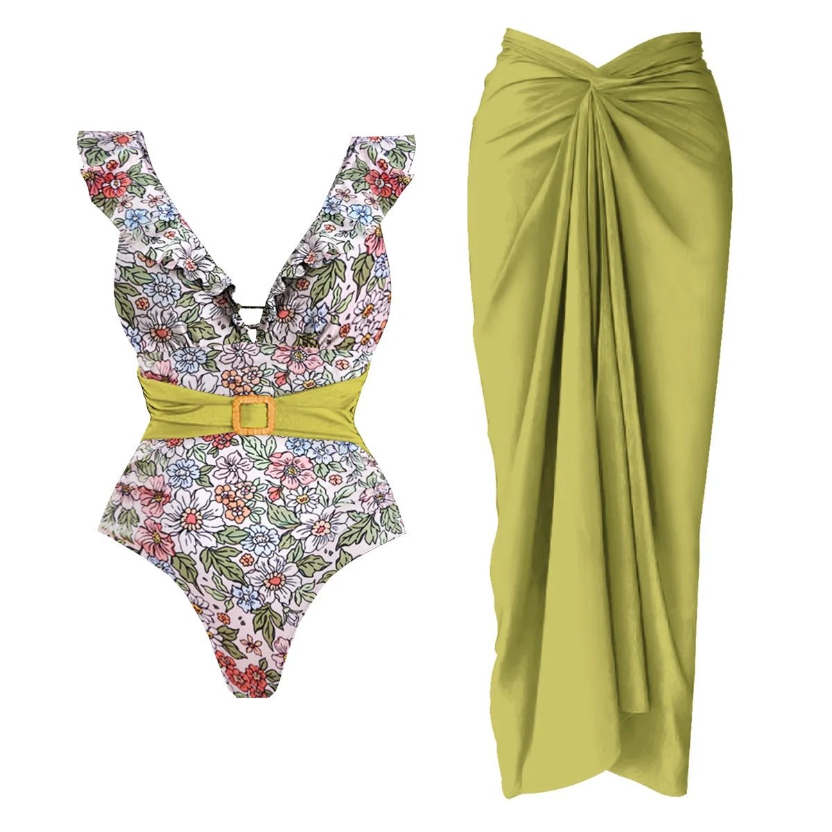 Conjunto Enteriza Escote V con Cinturón y Falda Pareo Drapeado Ref. 0593 - Marea Bella Swimwear