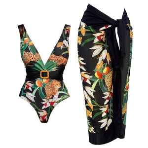 Conjunto Enteriza Escote V con Cinturón y Falda Pareo Drapeado Ref. 0593 - Marea Bella Swimwear