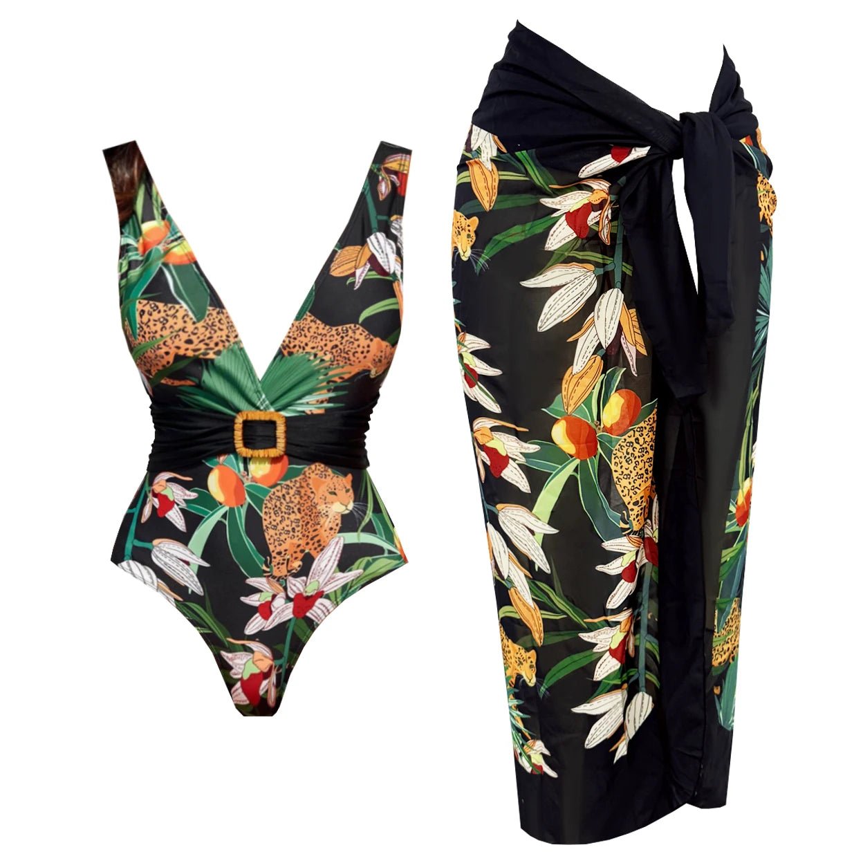 Conjunto Enteriza Escote V con Cinturón y Falda Pareo Drapeado Ref. 0593 - Marea Bella Swimwear