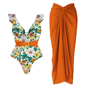 Conjunto Enteriza Escote V con Cinturón y Falda Pareo Drapeado Ref. 0593 - Marea Bella Swimwear