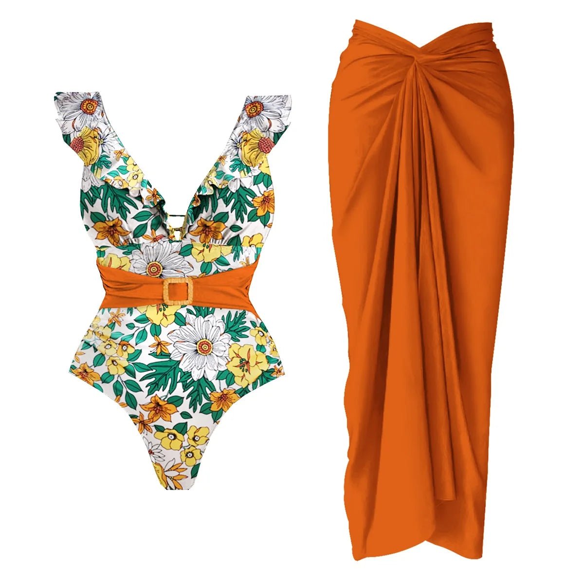 Conjunto Enteriza Escote V con Cinturón y Falda Pareo Drapeado Ref. 0593 - Marea Bella Swimwear
