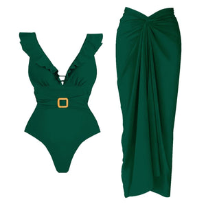 Conjunto Enteriza Escote V con Cinturón y Falda Pareo Drapeado Ref. 0593 - Marea Bella Swimwear