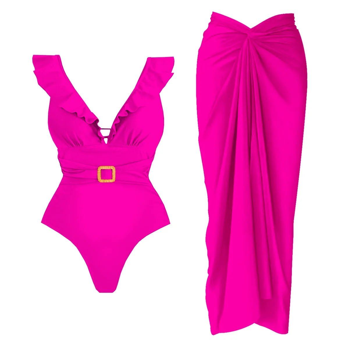 Conjunto Enteriza Escote V con Cinturón y Falda Pareo Drapeado Ref. 0593 - Marea Bella Swimwear