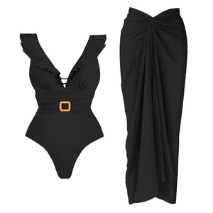 Conjunto Enteriza Escote V con Cinturón y Falda Pareo Drapeado Ref. 0593 - Marea Bella Swimwear