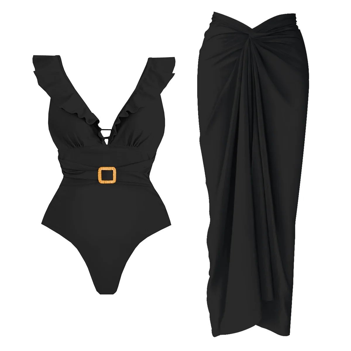 Conjunto Enteriza Escote V con Cinturón y Falda Pareo Drapeado Ref. 0593 - Marea Bella Swimwear