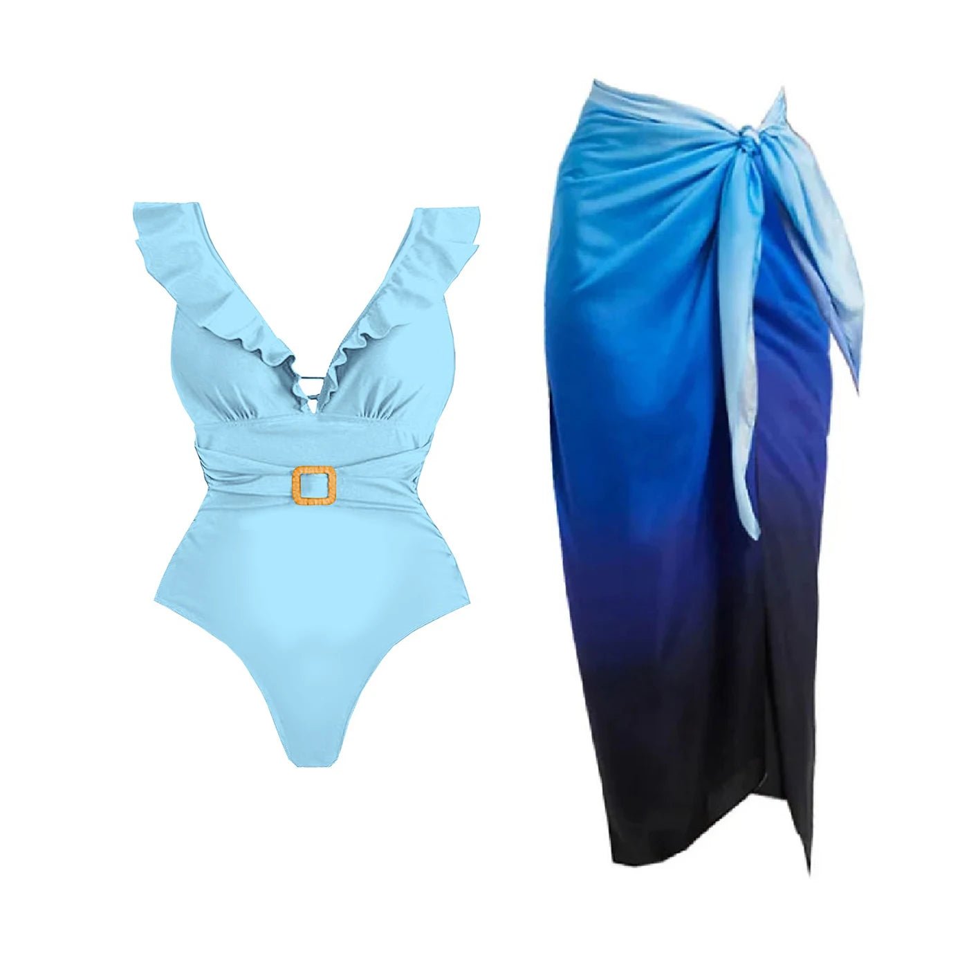 Conjunto Enteriza Escote V con Cinturón y Falda Pareo Drapeado Ref. 0593 - Marea Bella Swimwear