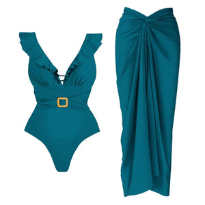 Conjunto Enteriza Escote V con Cinturón y Falda Pareo Drapeado Ref. 0593 - Marea Bella Swimwear