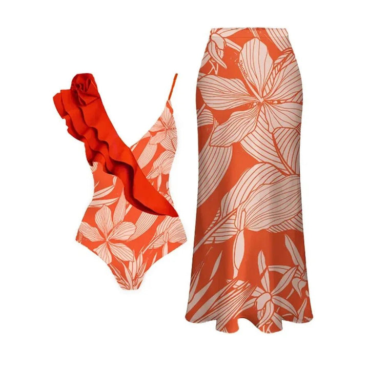 Conjunto Floral Enteriza con Volado y Pareo Escultural Ref. 0583 - Marea Bella Swimwear