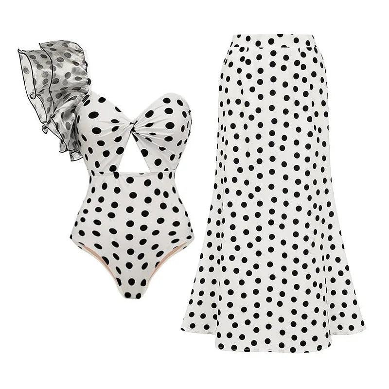 Conjunto Lunares: Enteriza de Un Hombro y Pareo Ref. 0578 - Marea Bella Swimwear