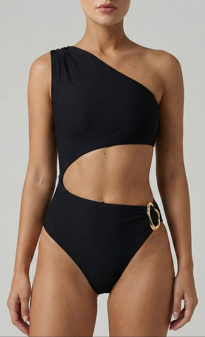 Enteriza de Un Solo Hombro con Adorno Dorado Ref. 0773 - Marea Bella Swimwear
