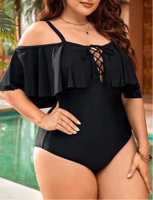 Enteriza Plus Size con Hombro Calado y Volado Amplio Ref. 0610 - Marea Bella Swimwear