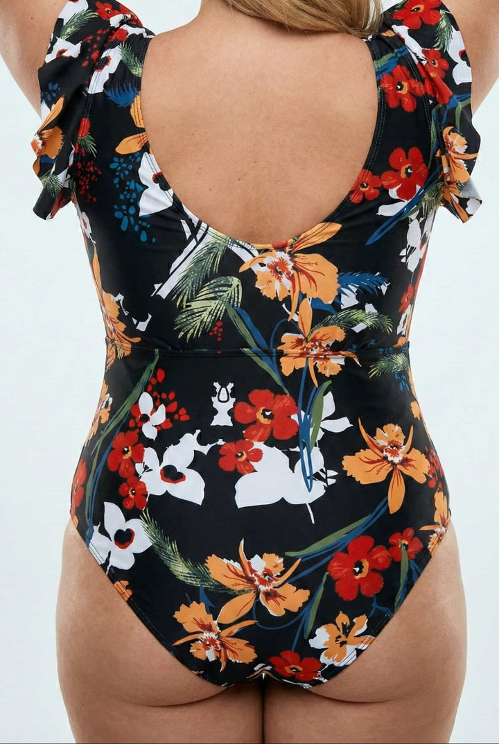 Enteriza Plus Size Estampada con Manga Corta y Volados Ref. 0666 - Marea Bella Swimwear