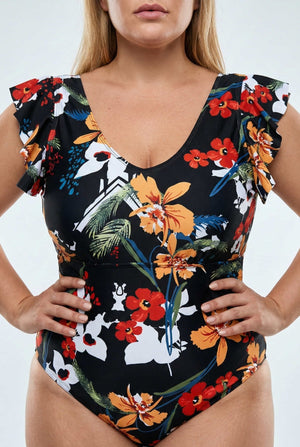 Enteriza Plus Size Estampada con Manga Corta y Volados Ref. 0666 - Marea Bella Swimwear