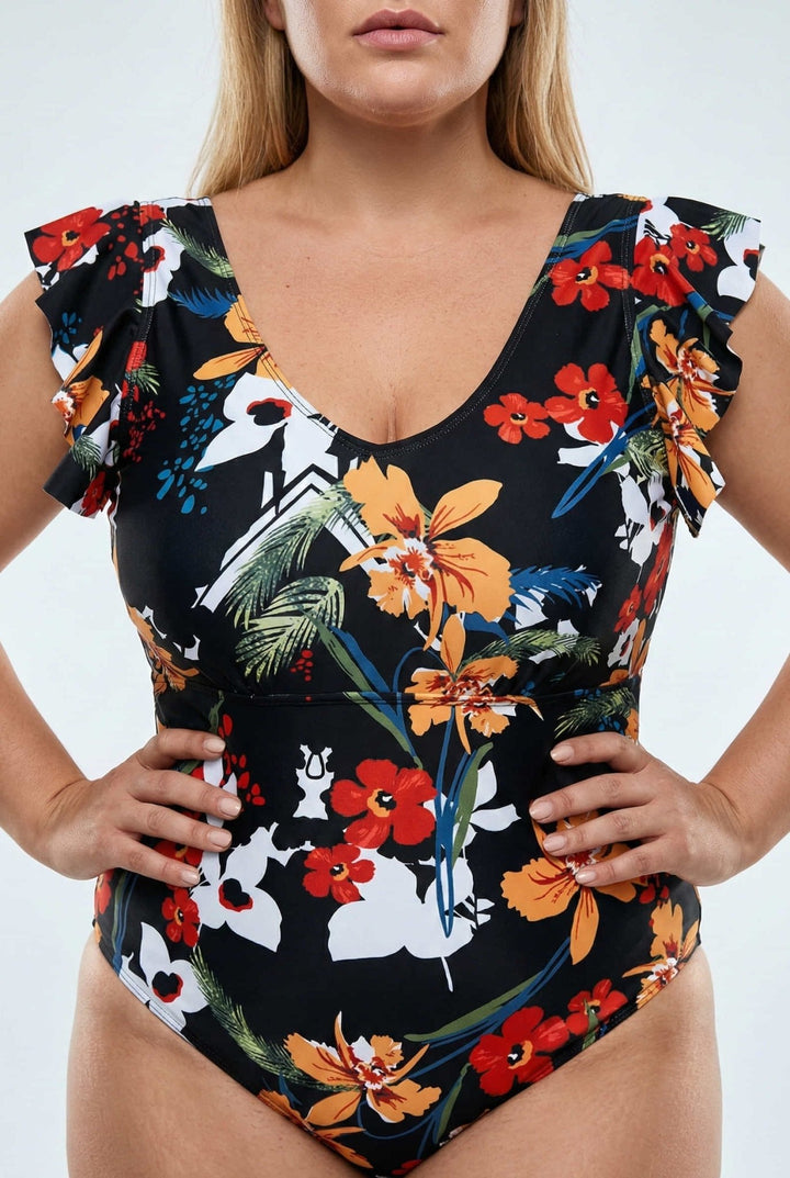 Enteriza Plus Size Estampada con Manga Corta y Volados Ref. 0666 - Marea Bella Swimwear