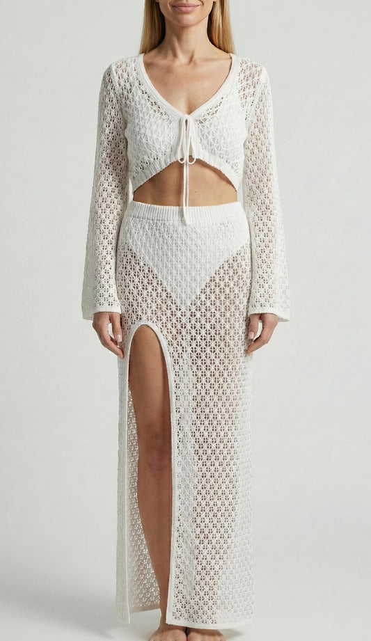 Conjunto en Tejido de Punto con Top, Blusa con Lazo Frontal y Falda Larga Ref: 0389