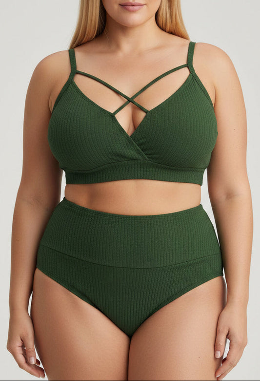 Bikini Plus Size Canalé con Cintura Alta y Tiras Cruzadas Frontales Ref: 0705