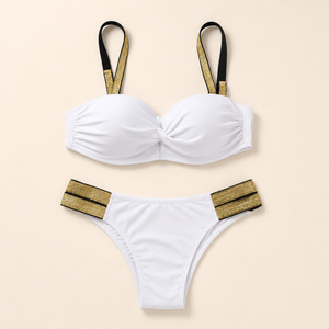 Bikini blanco con tirantes y bandas doradas, vista de producto sin modelo