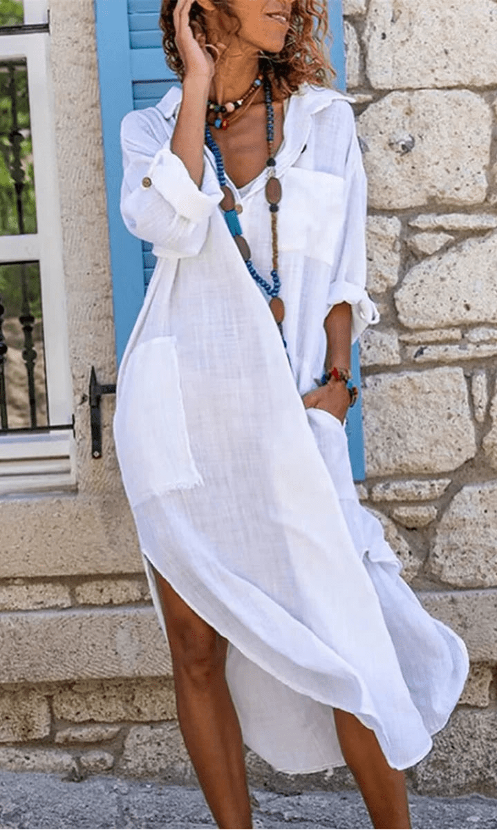 Salida de Playa Chemise Larga con Aberturas Laterales y Bolsillos Ref. 0240 - Marea Bella Swimwear