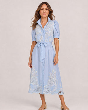 Vestido Chemise Midi con Bordado Calado y Lazo en la Cintura Ref. 0370 - Marea Bella Swimwear