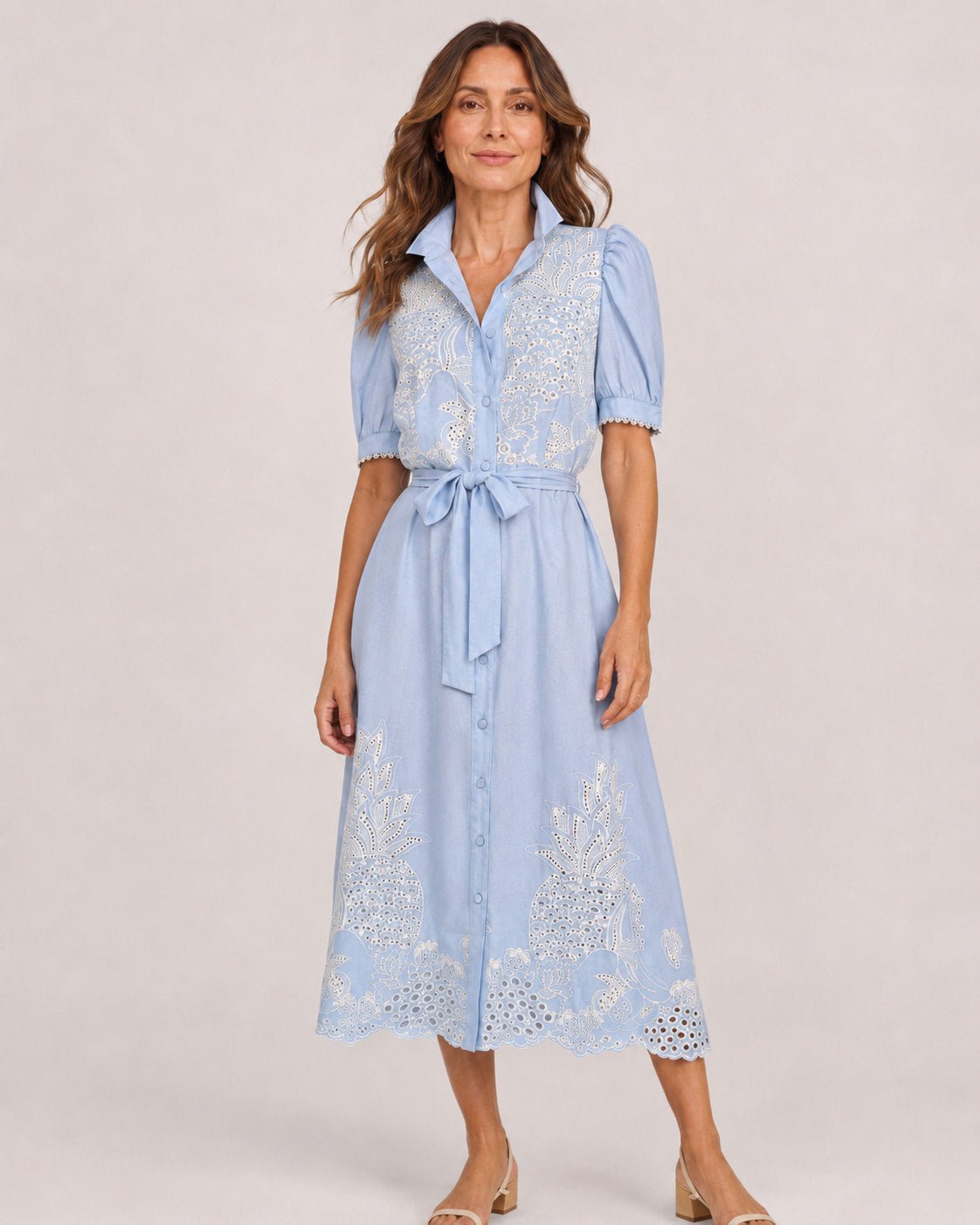 Vestido Chemise Midi con Bordado Calado y Lazo en la Cintura Ref. 0370 - Marea Bella Swimwear