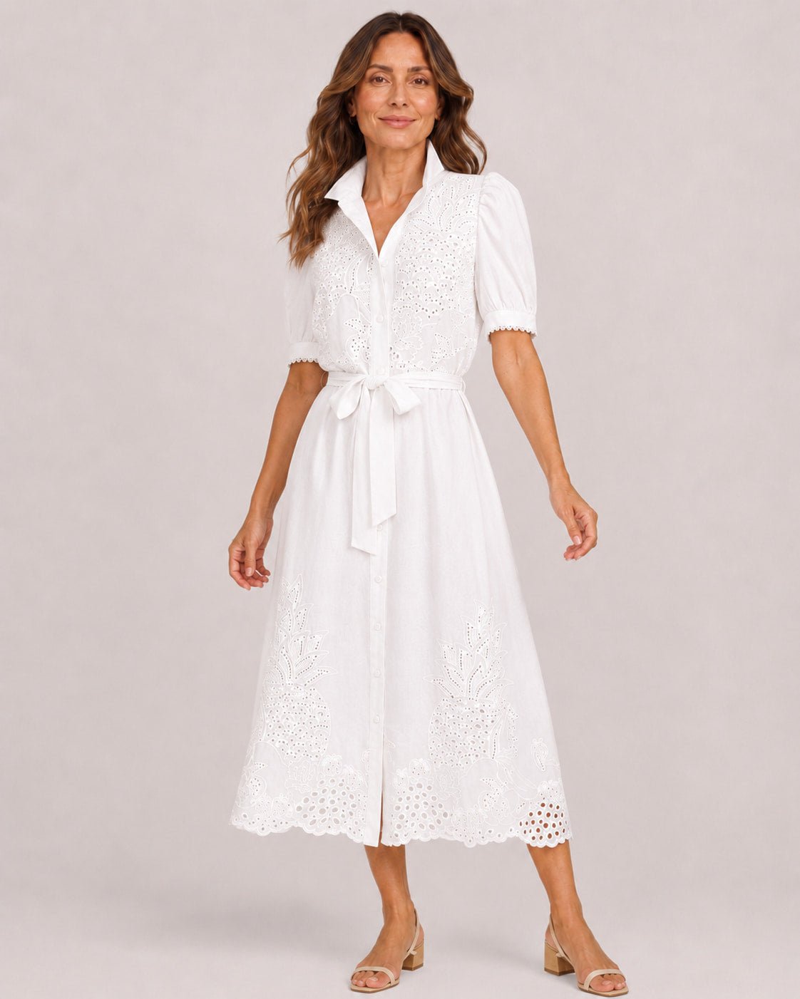 Vestido Chemise Midi con Bordado Calado y Lazo en la Cintura Ref. 0370 - Marea Bella Swimwear