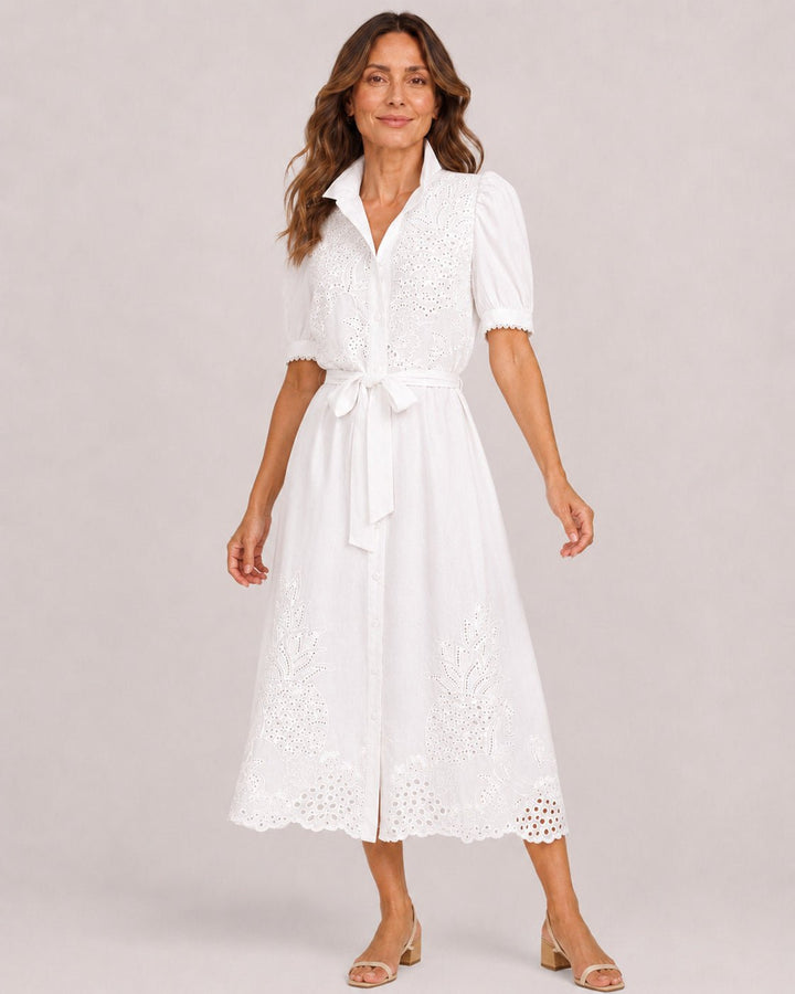 Vestido Chemise Midi con Bordado Calado y Lazo en la Cintura Ref. 0370 - Marea Bella Swimwear