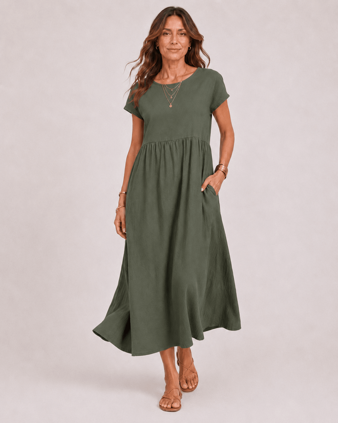 Vestido Midi con Manga Corta y Bolsillos Laterales Ref. 0362 - Marea Bella Swimwear