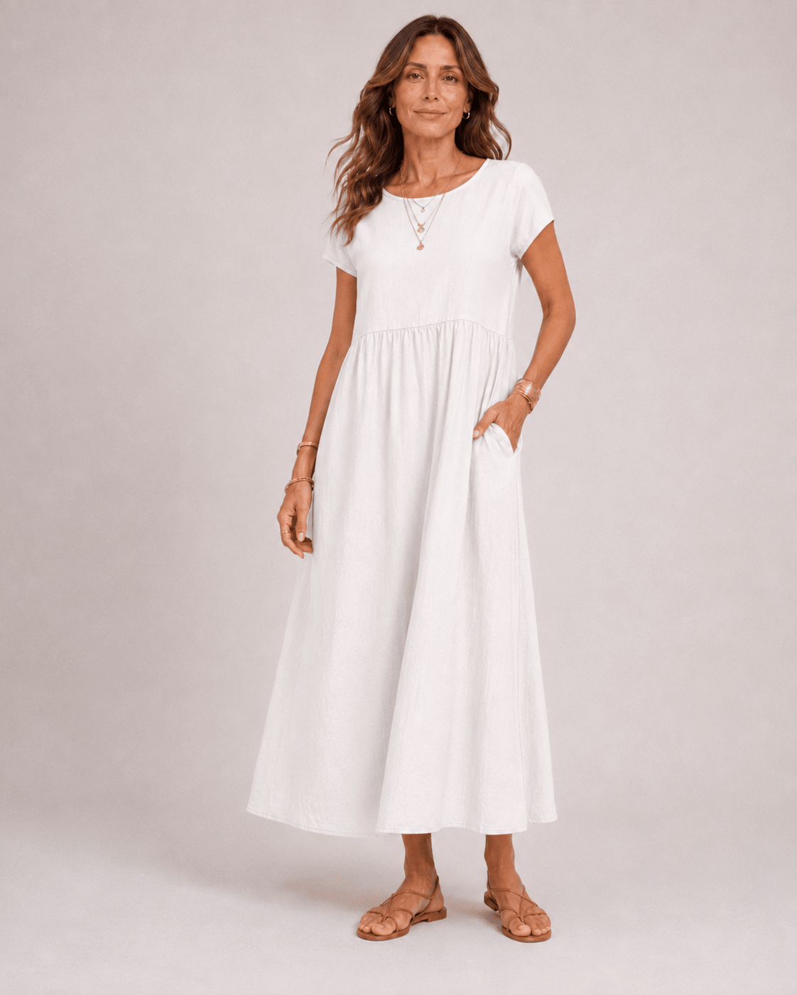 Vestido Midi con Manga Corta y Bolsillos Laterales Ref. 0362 - Marea Bella Swimwear