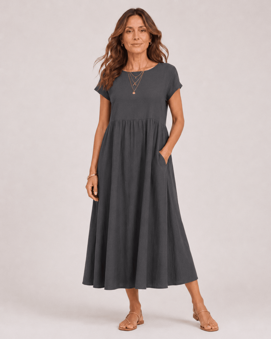 Vestido Midi con Manga Corta y Bolsillos Laterales Ref. 0362 - Marea Bella Swimwear
