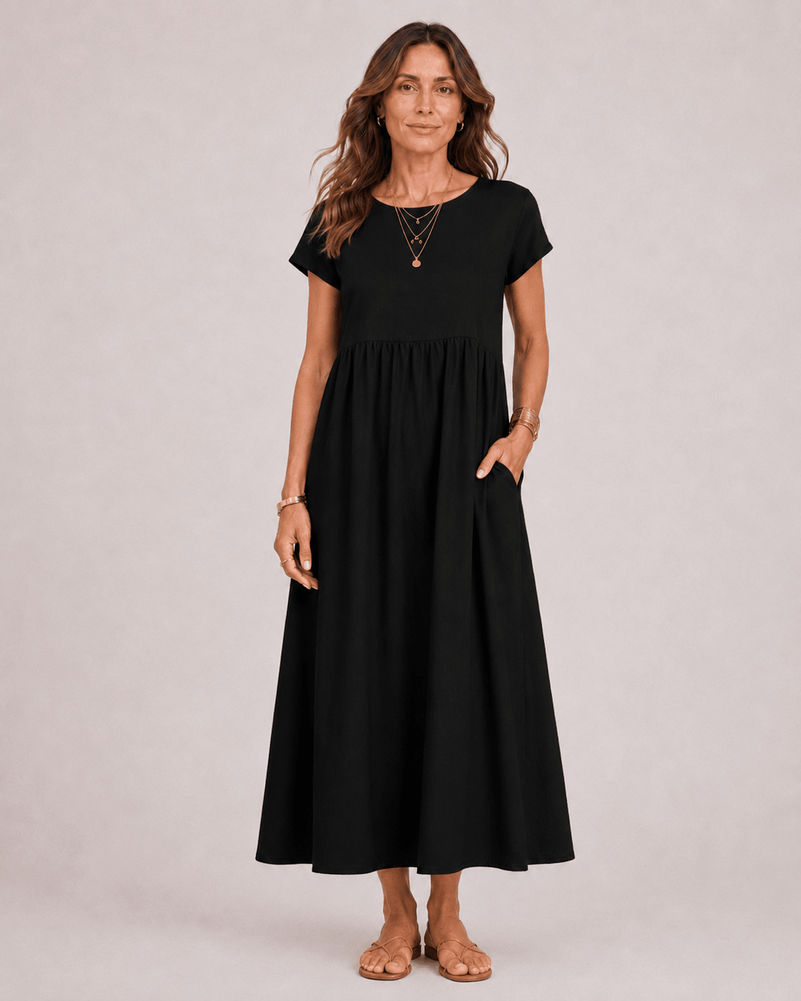 Vestido Midi con Manga Corta y Bolsillos Laterales Ref. 0362 - Marea Bella Swimwear