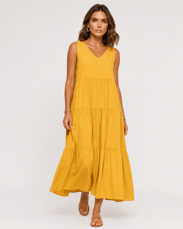 Vestido Midi Escote V con Capas Fruncidas Ref. 0359 - Marea Bella Swimwear