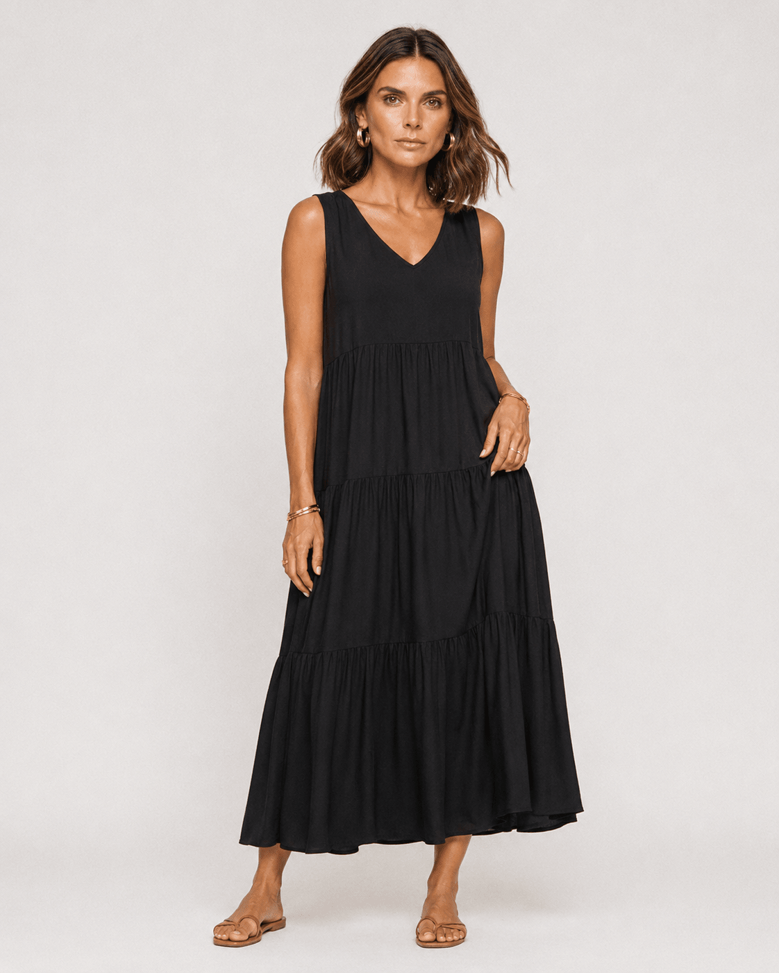 Vestido Midi Escote V con Capas Fruncidas Ref. 0359 - Marea Bella Swimwear