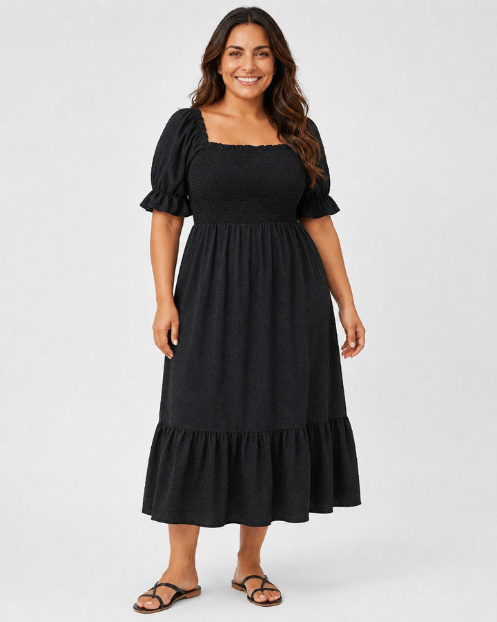 Vestido Plus Size Midi con Parte Superior Texturizada y Volado Asimétrico Ref. 0378 - Marea Bella Swimwear